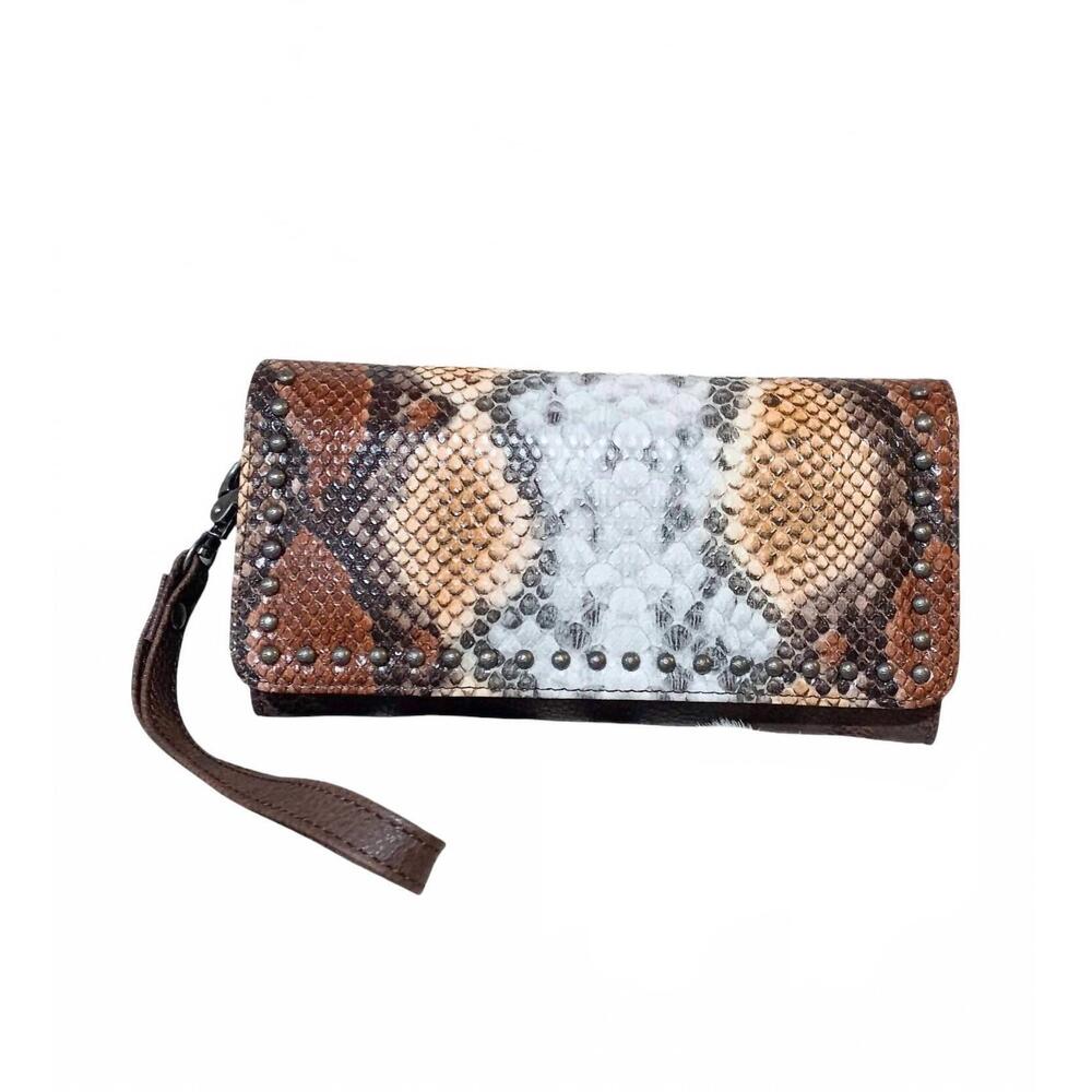 NEW ANGEL RANCH women's studded python clutch in brown